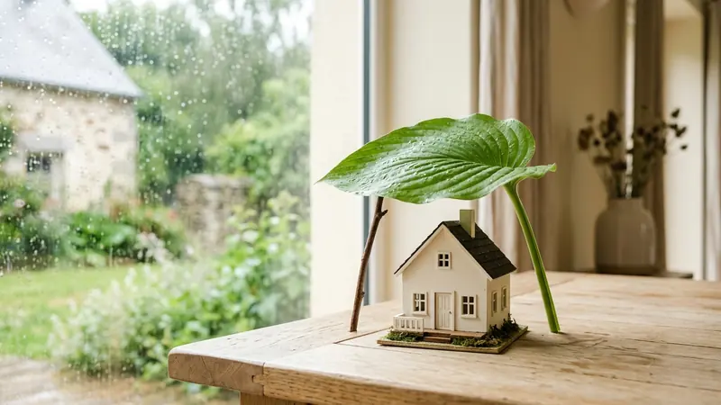 Une petite maison abritée sous une grande feuille verte