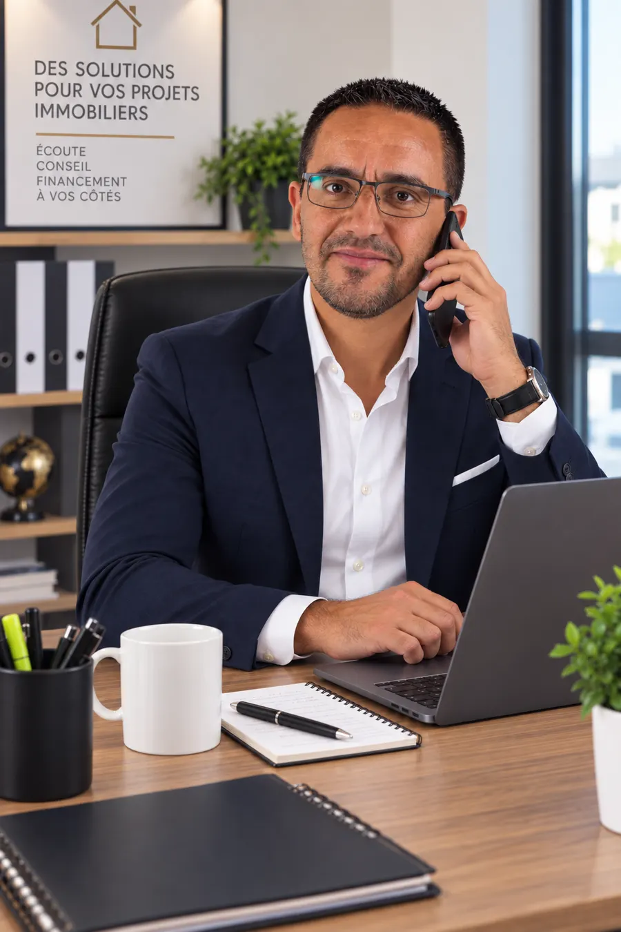 Erwann Baudouin à son bureau, au téléphone avec un client